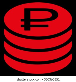 Rouble Coins Stack vector icon. Style is flat symbol, red color, rounded angles, black background.