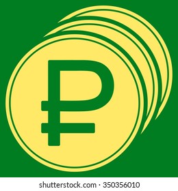 Rouble Coins vector icon. Style is flat symbol, yellow color, rounded angles, green background.