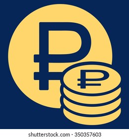 Rouble Coins vector icon. Style is flat symbol, yellow color, rounded angles, blue background.