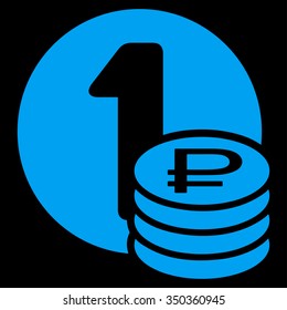 Rouble Coins vector icon. Style is flat symbol, blue color, rounded angles, black background.