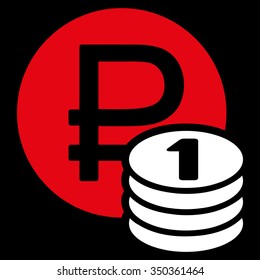 Rouble Coins vector icon. Style is bicolor flat symbol, red and white colors, rounded angles, black background.
