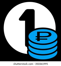 Rouble Coins vector icon. Style is bicolor flat symbol, blue and white colors, rounded angles, black background.