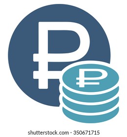 Rouble Coins vector icon. Style is bicolor flat symbol, cyan and blue colors, rounded angles, white background.
