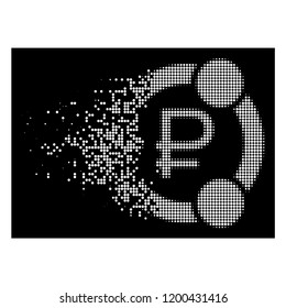Rouble collaboration icon with disappearing effect on black background. White pixels are organized into vector dispersed halftone rouble collaboration icon. Disappearing effect uses small round dots.