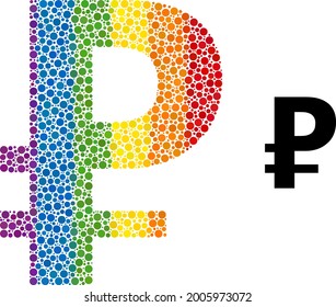 Rouble collage icon of filled circles in various sizes and spectrum bright color tints. A dotted LGBT-colored rouble for lesbians, gays, bisexuals, and transgenders. Vector icon in LGBT flag colors.
