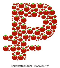 Rouble collage of tomato vegetables in various sizes. Vector tomatoes items are combined into rouble illustration. Healthy vector illustration.
