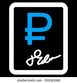 Rouble Contract vector icon. Style is bicolor flat symbol, blue and white colors, rounded angles, black background.