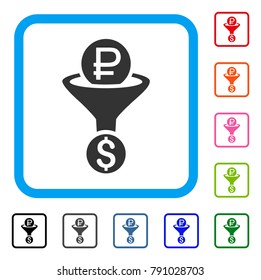 Rouble Currency Conversion icon. Flat grey pictogram symbol in a light blue rounded frame. Black, gray, green, blue, red, orange color additional versions of Rouble Currency Conversion vector.