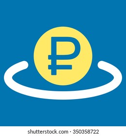 Rouble Deposit vector icon. Style is bicolor flat symbol, yellow and white colors, rounded angles, blue background.