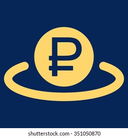 Rouble Deposit vector icon. Style is flat symbol, yellow color, rounded angles, blue background.