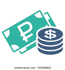 Rouble And Dollar Cash vector icon. Style is bicolor flat symbol, cobalt and cyan colors, rounded angles, white background.