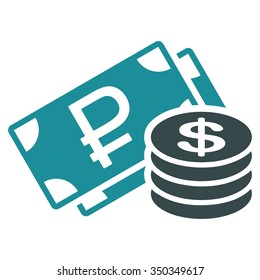 Rouble And Dollar Cash vector icon. Style is bicolor flat symbol, soft blue colors, rounded angles, white background.