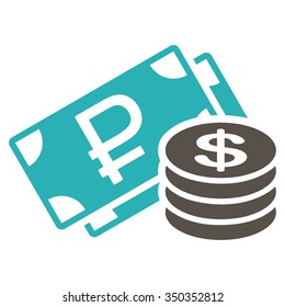 Rouble And Dollar Cash vector icon. Style is bicolor flat symbol, grey and cyan colors, rounded angles, white background.