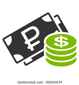 Rouble And Dollar Cash vector icon. Style is bicolor flat symbol, eco green and gray colors, rounded angles, white background.