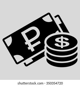 Rouble And Dollar Cash vector icon. Style is flat symbol, black color, rounded angles, light gray background.