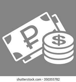 Rouble And Dollar Cash vector icon. Style is flat symbol, white color, rounded angles, gray background.