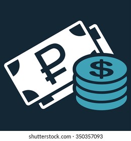 Rouble And Dollar Cash vector icon. Style is bicolor flat symbol, blue and white colors, rounded angles, dark blue background.