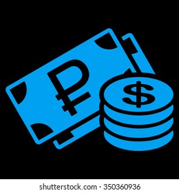 Rouble And Dollar Cash vector icon. Style is flat symbol, blue color, rounded angles, black background.