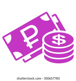 Rouble And Dollar Cash vector icon. Style is flat symbol, violet color, rounded angles, white background.