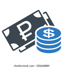 Rouble And Dollar Cash vector icon. Style is bicolor flat symbol, smooth blue colors, rounded angles, white background.