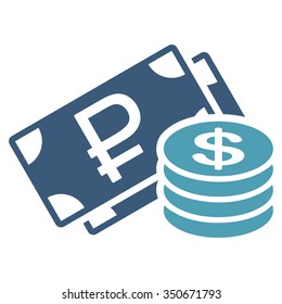 Rouble And Dollar Cash vector icon. Style is bicolor flat symbol, cyan and blue colors, rounded angles, white background.