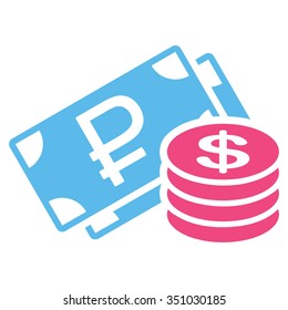 Rouble And Dollar Cash vector icon. Style is bicolor flat symbol, pink and blue colors, rounded angles, white background.