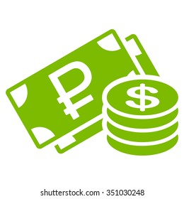 Rouble And Dollar Cash vector icon. Style is flat symbol, eco green color, rounded angles, white background.