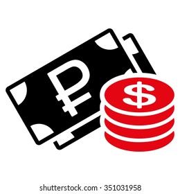 Rouble And Dollar Cash vector icon. Style is bicolor flat symbol, intensive red and black colors, rounded angles, white background.
