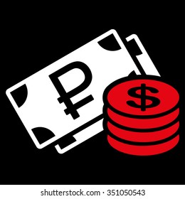 Rouble And Dollar Cash vector icon. Style is bicolor flat symbol, red and white colors, rounded angles, black background.