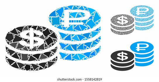 Rouble and dollar coins composition of irregular elements in various sizes and color tones, based on rouble and dollar coins icon. Vector trembly elements are grouped into composition.