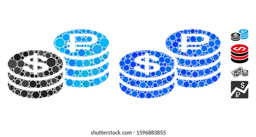 Rouble and dollar coins mosaic of round dots in different sizes and color tinges, based on rouble and dollar coins icon. Vector round elements are composed into blue mosaic.
