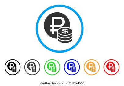 Rouble And Dollar Coins rounded icon. Style is a flat rouble and dollar coins gray symbol inside light blue circle with black, gray, green, blue, red, orange versions.