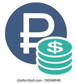 Rouble And Dollar Coins vector icon. Style is bicolor flat symbol, cobalt and cyan colors, rounded angles, white background.