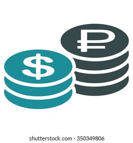 Rouble And Dollar Coins vector icon. Style is bicolor flat symbol, soft blue colors, rounded angles, white background.