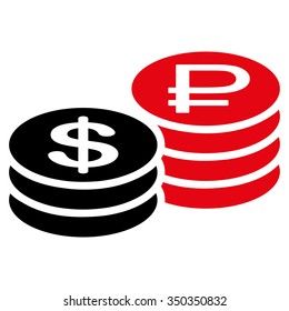 Rouble And Dollar Coins vector icon. Style is bicolor flat symbol, intensive red and black colors, rounded angles, white background.
