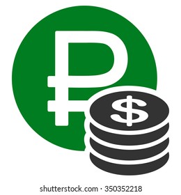 Rouble And Dollar Coins vector icon. Style is bicolor flat symbol, green and gray colors, rounded angles, white background.