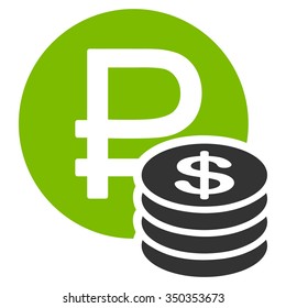 Rouble And Dollar Coins vector icon. Style is bicolor flat symbol, eco green and gray colors, rounded angles, white background.