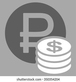Rouble And Dollar Coins vector icon. Style is bicolor flat symbol, dark gray and white colors, rounded angles, silver background.