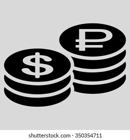 Rouble And Dollar Coins vector icon. Style is flat symbol, black color, rounded angles, light gray background.