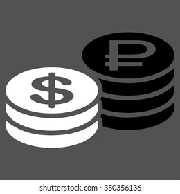 Rouble And Dollar Coins vector icon. Style is bicolor flat symbol, black and white colors, rounded angles, gray background.
