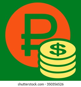 Rouble And Dollar Coins vector icon. Style is bicolor flat symbol, orange and yellow colors, rounded angles, green background.