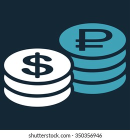 Rouble And Dollar Coins vector icon. Style is bicolor flat symbol, blue and white colors, rounded angles, dark blue background.