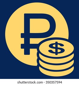Rouble And Dollar Coins vector icon. Style is flat symbol, yellow color, rounded angles, blue background.