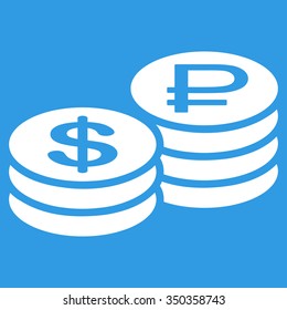 Rouble And Dollar Coins vector icon. Style is flat symbol, white color, rounded angles, blue background.