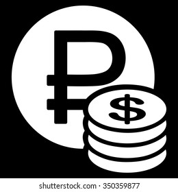 Rouble And Dollar Coins vector icon. Style is flat symbol, white color, rounded angles, black background.