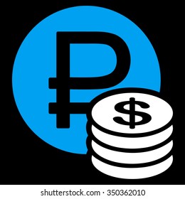 Rouble And Dollar Coins vector icon. Style is bicolor flat symbol, blue and white colors, rounded angles, black background.