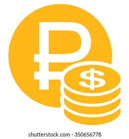 Rouble And Dollar Coins vector icon. Style is flat symbol, yellow color, rounded angles, white background.