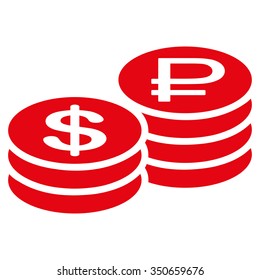 Rouble And Dollar Coins vector icon. Style is flat symbol, red color, rounded angles, white background.