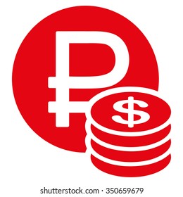 Rouble And Dollar Coins vector icon. Style is flat symbol, red color, rounded angles, white background.