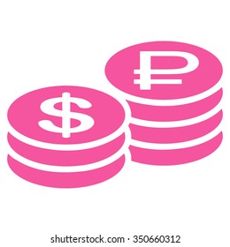 Rouble And Dollar Coins vector icon. Style is flat symbol, pink color, rounded angles, white background.